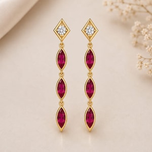 14K / 18K Gold Natürliche Rubin Marquise Schnitt Baumeln Ohrringe, zierliche Ohrringe für Frau