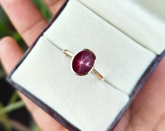 14K/18K Gold Natural Star Ruby Oval Cut Ring, Rare Variety Ruby July Birthstone