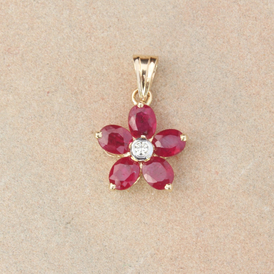 Natural Ruby and Diamond Flower Pendant in 14k Yellow Gold, Name ...