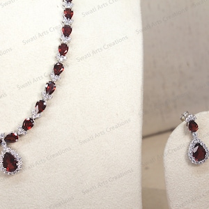 Natural Garnet Necklace And Earrings, Sterling Silver Necklace, January Birthstone, Gemstone Necklace,  Red Garnet Necklace, Gift For Her