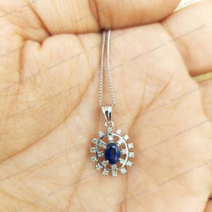 Natural Sapphire And Diamond Pendant In 14k White Gold, September Birthstone, Dainty Sapphire Necklace, Sapphire Gold Necklace, Gift For Her