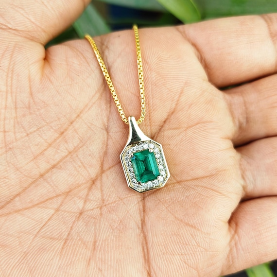 Solid Gold Emerald Diamond Halo Pendant Necklace – Octagon Cut Gemstone Jewelry
