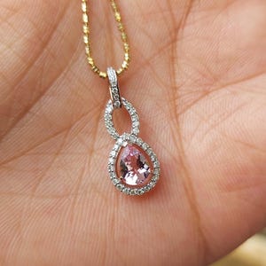 18K ROSE GOLD VINTAGE Morganite & Diamond Halo Pendant, Precious Gift for Girlfriend or Wife, Valentine Jewelry, Pink Gemstone Necklace