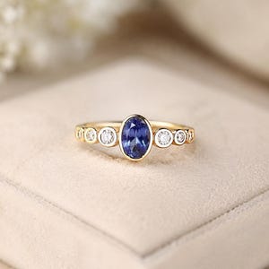 Anillo de tanzanita de oro macizo de 9K/14K: engaste de diamantes, piedra natal de diciembre.