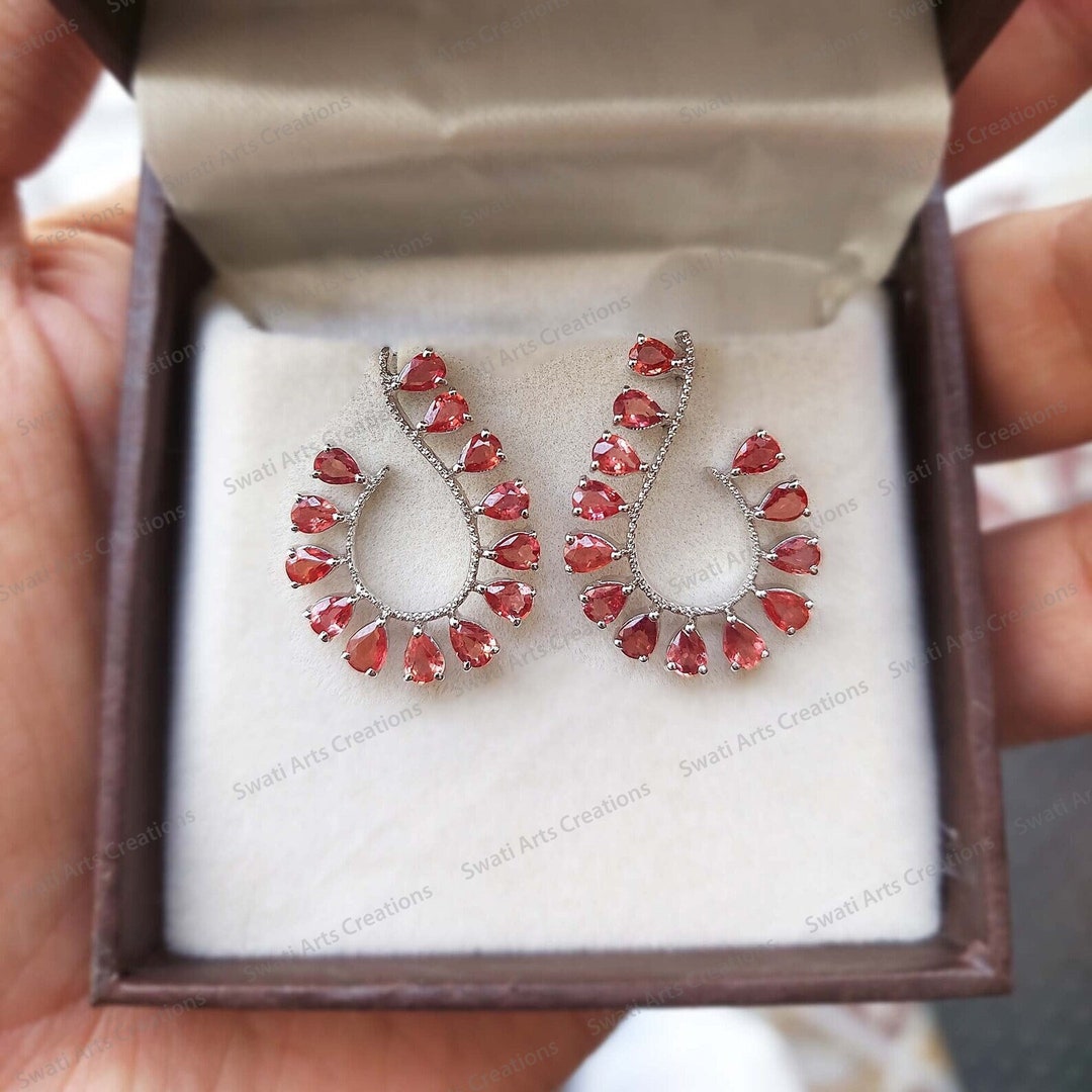 Natural Orange Sapphire Earrings, Sterling Silver Earrings, September Birthstone Sapphire Gold