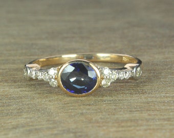 14K/18K Gold Natural Blue Sapphire with Diamond Wedding Ring, September Birthstone Ring, Bridal Statement Rings, Jewelry Present For Wife