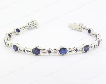 Natural Blue Sapphire Bracelet, Tennis Bracelet, Oval and Square Sapphire  Gemstone  Bracelet, Studded Rhodium plated silver tennis bracelet