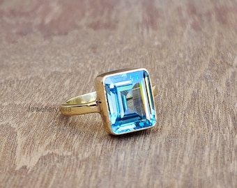 Square Aquamarine Statement Ring, ,Women Rings, Yellow Gold 925 Sterling Silver Ring