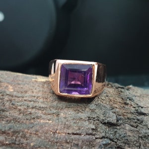 Amethyst Ring, 925 Solid Sterling Silver Ring, Heavy Mens Ring, Women Ring, Square Amethyst Quartz Gemstone Ring, Yellow Gold Gift Ring