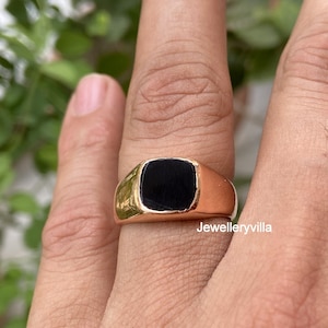 Natural Black Onyx Ring, 925 Solid Sterling Silver, Black Square Cut Gemstone Ring, Yellow Gold Fill Ring, Mens Ring, Signet Boho Ring