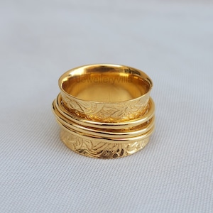 Yellow Gold Spinner Ring, Meditation Ring, 925 Solid Sterling Silver Ring, Engraved Ring, Gift Ring, Spinning Ring, Handmade Ring