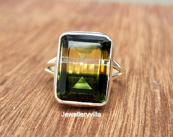 Tourmaline Ring Quartz, 925 Solid Sterling Silver, Watermelon Multi Color Gemstone Ring, 22K Yellow Gold Ring, Women Boho Ring, Gift Ring