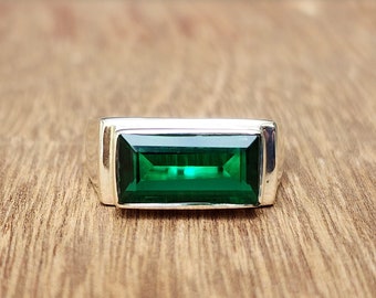 エメラルド 長方形 リング 長方形のエメラルドリング、925スターリングシルバーリング、イエロー