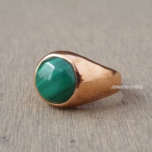 Round Malachite Signet Ring, Copper Ring, 925 Sterling Silver Ring, Gift Ring, Natural Malachite Gemstone Jewelry, Men Ring, Women Ring