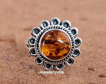 Honey Amber Ring, Designer Round Gemstone Ring, Gift for Women Ring, 925 Solid Sterling Silver Ring, Boho Ring, 22K Yellow Gold Ring