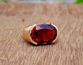 Red Garnet Signet Ring, 925 Sterling Silver, 22K Yellow Gold Ring, Designer Cushion Red Quartz Gemstone Jewelry, Gift Ring, Engraved Ring