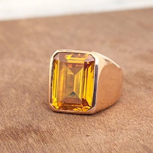 Anel de Citrino Amarelo, Anel de Prata de Lei 925, Anel Gravado, Anel de Citrino com Lapidação Esmeralda, Anel de Ouro Amarelo, Anel Masculino, Anel Feminino