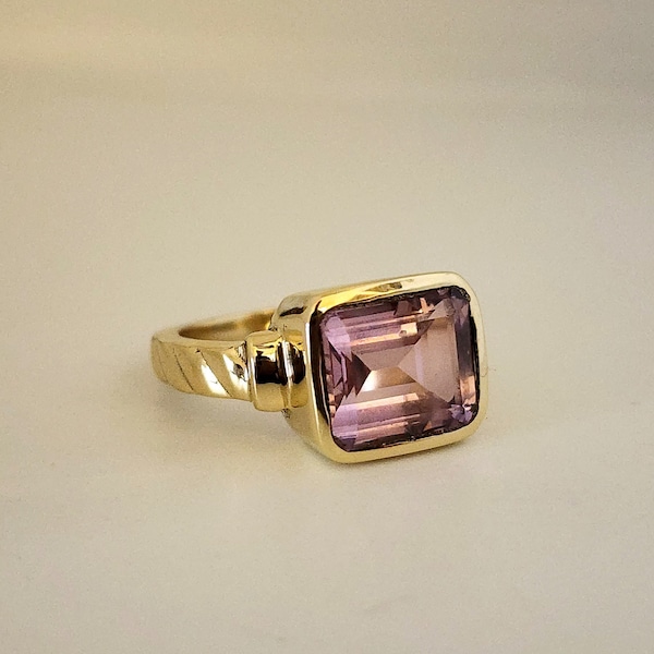 Roze Kunziet Signet Ring, Geel Gouden Ring, Vierkante Kunzite Quartz Gemstone Statement Ring, 925 Solid Sterling Silver Ring, Gift Ring Sieraden