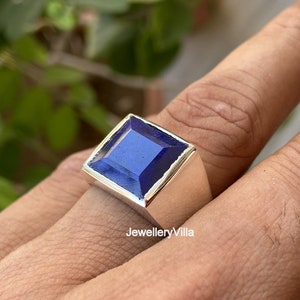 Blue Sapphire Ring, 925 Solid Sterling Silver, Natural Square Cut Blue Sapphire Gemstone, Rose Gold, 22K Yellow Gold Fill, Gift Ring