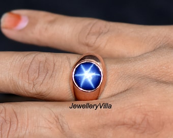 Blue Sapphire Ring, Blue Star Ring, 925 Solid Sterling Silver Ring, Blue Star Round Sapphire Gemstone, Rose Gold, 22K Yellow Gold Fill Ring