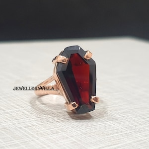 Coffin Shape Ring, Natural Garnet Ring, 925 Solid Sterling Silver Ring, Coffin Blood Ring, Copper Ring, Gift for Her, Dark Red Gemstone Ring
