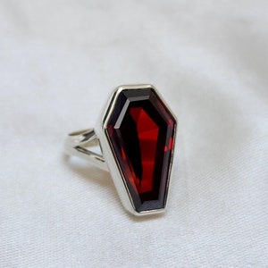 Natural Garnet Coffin Ring, 925 Solid Sterling Silver, Coffin Shape Natural Red Garnet Gemstone Ring, Gift Ring, 22K Yellow Gold Fill