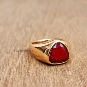 Triangle Ruby Signet Ring, 925 Sterling Silver, Copper Jewelry, Natural Red Gemstone Rings
