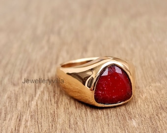 Triangle Ruby Signet Ring, 925 Sterling Silver, Copper Jewelry, Natural Red Gemstone Rings
