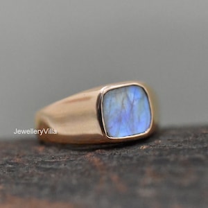 Maansteenring natuurlijk, herenring, 925 sterlingzilveren ring, zegelring, roségoud, 22 kt gouden vulling, natuurlijke kussen geslepen stenen ring