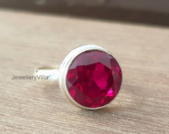 Bague rubis, bague femme, bague en argent sterling massif 925, bague en pierre précieuse rubis rouge traitée coupe ronde, bague en or jaune, cadeau pour elle