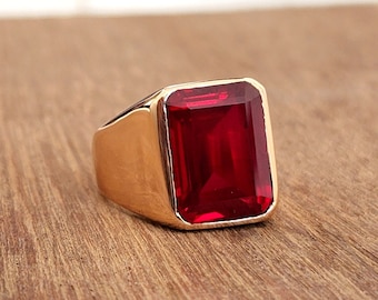 Red Ruby Ring, Yellow Gold Ring, 925 Solid Sterling Silver Ring, Engraved Ring, Emerald Cut Ruby Gemstone Ring, Mens Ring, Women Ring, Gift