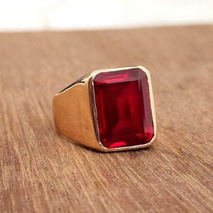 Red Ruby Ring, Yellow Gold Ring, 925 Solid Sterling Silver Ring, Engraved Ring, Emerald Cut Ruby Gemstone Ring, Mens Ring, Women Ring, Gift