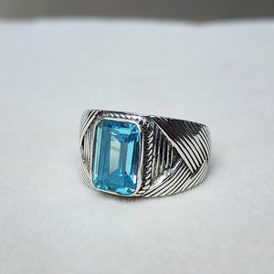 Anel de sinete Aquamarine, anel de prata esterlina sólida 925, anel de designer, anel masculino, anel feminino, almofada anel de pedra preciosa Aquamarine, anel de presente