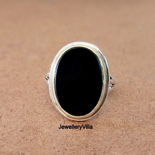 Platte zwarte Onyx ring, ovale vorm edelsteen ring, 925 Solid Sterling zilveren ring, 22K geel gouden vulling ring, geschenk ring, Boho statement ring