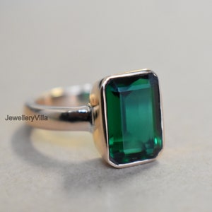Emerald Ring, Engraved Ring, 925 Solid Sterling Silver Ring, Cushion Cut Green Emerald Quartz Gemstone Ring, 22K Yellow Gold Fill Ring