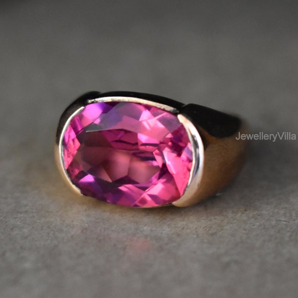 Pink Tourmaline Ring, Beautiful Cushion Shape Pink Quartz Cut Gemstone Ring, 925 Solid Sterling Silver, Engraved Ring, Yellow Gold Fill Ring