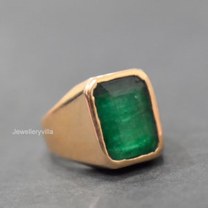 Natural Emerald Ring, Mens Ring, 925 Solid Sterling Silver, Genuine Green Emerald Cut Gemstone Ring, Engraved Ring, 22K Yellow Gold Fill