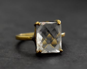 Clear Quartz Ring, 925 Solid Sterling Silver Ring, Natural Brolite Cut Crystal Quartz Gemstone, 22K Yellow Gold Fill Ring, Gift Ring for Her