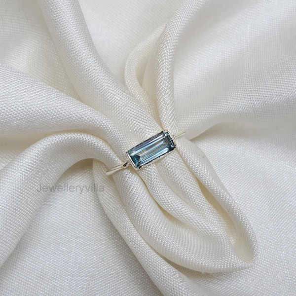 Baguette Aquamarine Ring, 925 Sterling Silver, Anniversary Gift, Birthstone Ring, 18k Gold Ring, Minimalist Ring, Blue Gemstone Ring