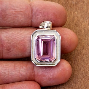 Kunzite Pendant, Yellow Gold Pendant, 925 Solid Sterling Silver Pendant, Beautiful Emerald Cut Pink Kunzite Gemstone, Gift Pendant