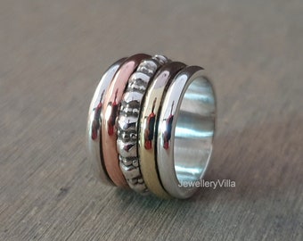 Three Tone Spinner Ring, Engraved Ring, Personalization Gift, 925 Sterling Silver Ring, Gift Ring, Women Ring, Anxiety Ring