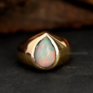 Natural Opal Ring, Engraved Ring, 925 Solid Sterling Silver, Pear Fire Opal Gemstone Ring, Men Ring, Women Ring, Gift Ring, Yellow Gold Ring