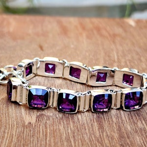 Amethyst Bracelet, 925 Sterling Silver Bracelet, Concave Cut Purple Amethyst Bracelet, Yellow Gold Bracelet, Gift Bracelet, Amethyst Jewelry