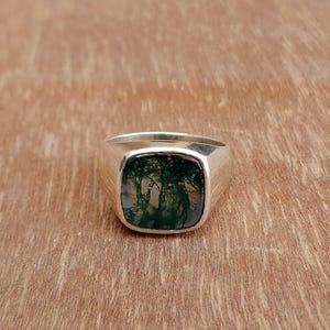 Moss Agate Signet Ring, 925 Sterling Silver Ring, Yellow Gold Ring, Cushion Gemstone Ring, Handmade Ring, Men Ring, Anniversary Gift
