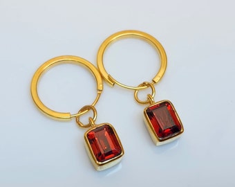 Garnet Hoop Earrings, 18k Yellow Gold Earrings, 925 Sterling Silver Earrings, Minimal Hoop Earrings, Birthstone Gifts, Women Earrings