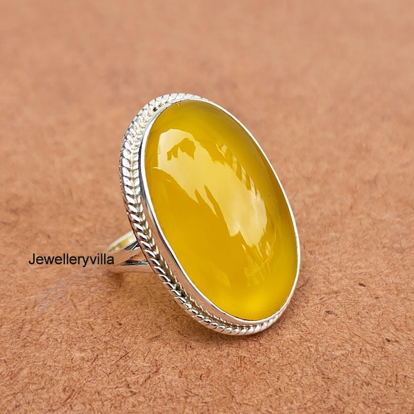 Mango Chalcedony Ring, Yellow Big Oval Gemstone Ring, 925 Solid Sterling Silver, 22K Yellow Gold Ring, Designer Handmade Ring, Gift Ring