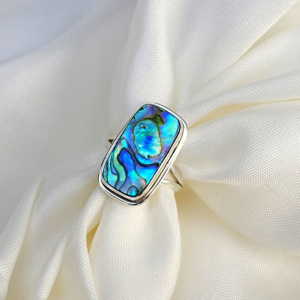 Rectangle Abalone Shell Ring, 925 Solid Sterling Silver Ring, Women Ring, Boho Statement Ring, Gift for Her, Handmade Jewelry, 18k Gold Ring