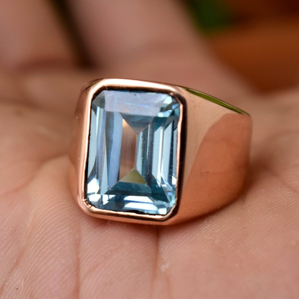 Aquamarine Ring, Engraved Ring, 925 Solid Sterling Silver Ring, Emerald Cut Aquamarine Gemstone Ring, Yellow Gold, Mens Ring, Women Ring