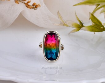 Multi Color Tourmaline Ring, 925 Solid Sterling Silver Ring, Unique Gift For Her, 22k Yellow Gold Ring, Handmade Ring, Boho Ring, Women Ring
