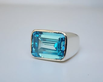 Aquamarine Ring, Horizontal Signet Ring, 925 Solid Sterling Silver Heavy  Ring, 22k Yellow Gold Ring, Emerald Cut Aquamarine Gemstone Jewelry